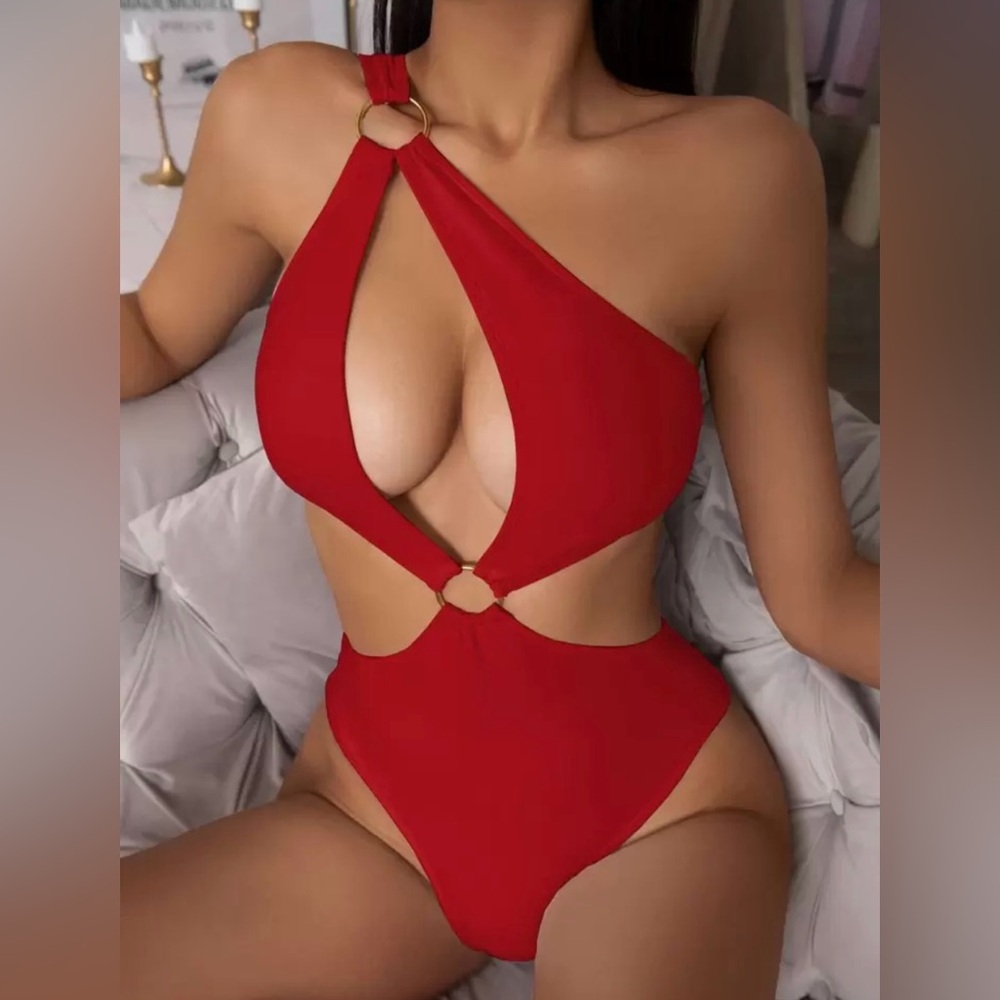 HILINKER Women's O-Ring Cutout Halter One Piece Swimsuit High Cut Large Red
